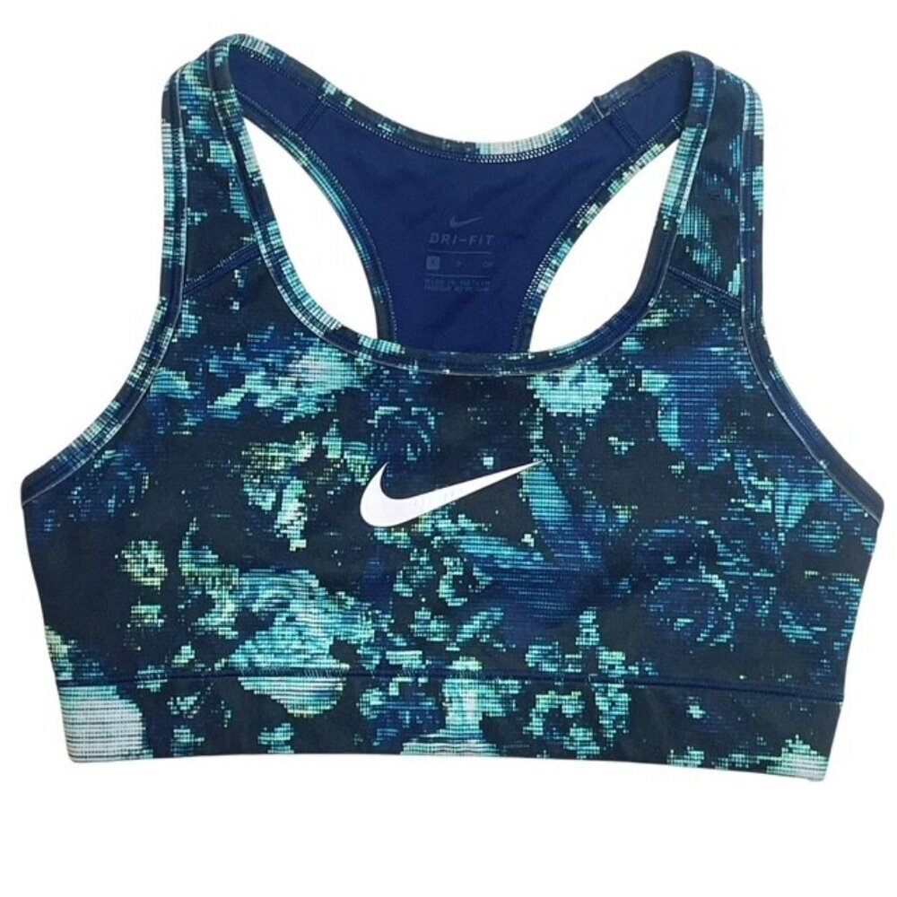 NIKE Dri-FIT Blue Pixel Print Racerback Sports Bra - Size Small